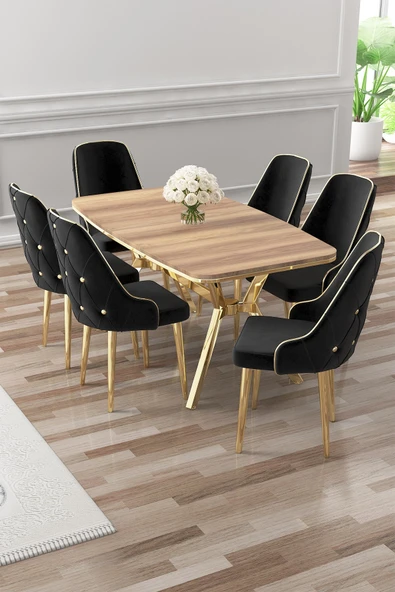 Canisa Asel Serisi 90x160 Lak Panel Hazar Gold Kaplama Ayaklı Masa Takımı ve 6 Siyah Sandalye ürün görseli 1