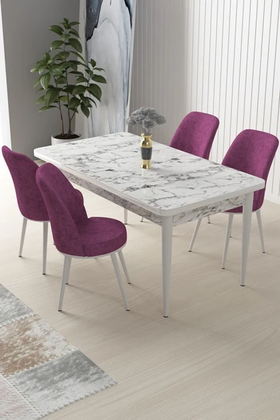 Canisa Nil Serisi 70x110 Sabit Mutfak Masası Takımı Beyaz Mermer Desen Masa 4 Mor Sandalye ürün görseli 1