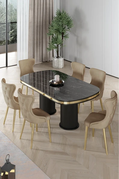 Canisa Galya Serisi Lak Panel 90x168 Sabit Sonata Mutfak Masa Takımı 6 Sandalye ürün görseli 1