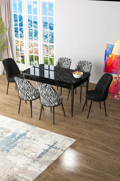 Canisa Kor Serisi 70x114 Açılabilir MDF Mutfak Masası Takımı Siyah Mermer Desen Masa 4 Zebra 2 Siyah Sandalye ürün görseli 1