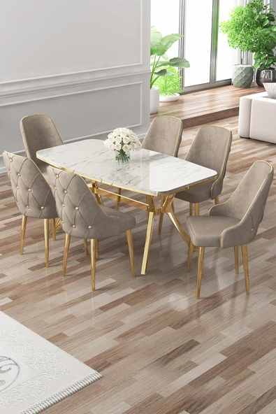 Canisa Asel Serisi 90x160 Lak Panel Beyaz Mermer Desen Gold Ayaklı 6 Cappucino Sandalye Masa Takımı ürün görseli 1