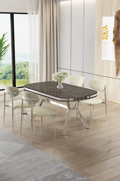 Canisa Olya Serisi 90x168 MDF Sabit Lak Panel Antrasit İroni Masa Takımı Krom Ayaklı 4 Krem Sandalye ürün görseli 1