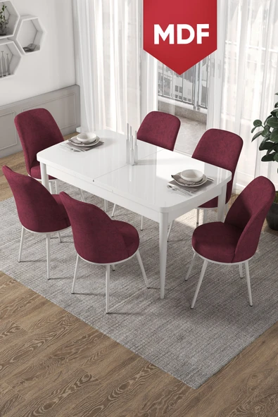 Canisa Kor Serisi 70x114 Açılabilir MDF Mutfak Masası Takımı Beyaz Masa 6 Bordo Sandalye ürün görseli 1