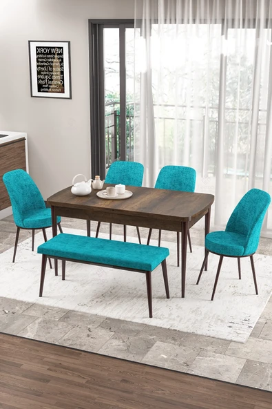 Canisa Zen Serisi 80x132 Mdf Açılabilir Barok Ahşap Desen Masa Takımı 4 Turkuaz Sandalye Ve 1 Bench ürün görseli 1