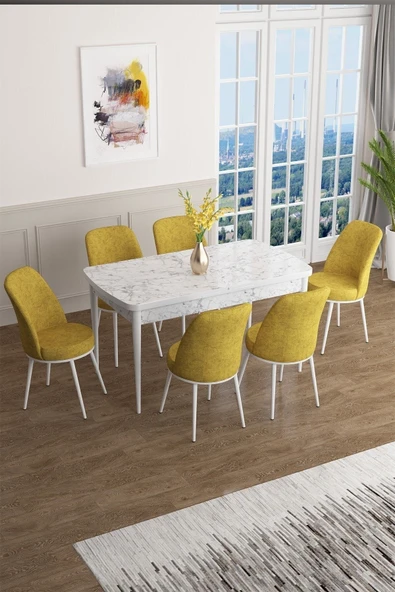Canisa Han Serisi 70x114 Açılabilir Mdf Mutfak Masası Takımı Beyaz Mermer Desen Masa 6 Hardal Sandalye ürün görseli 1