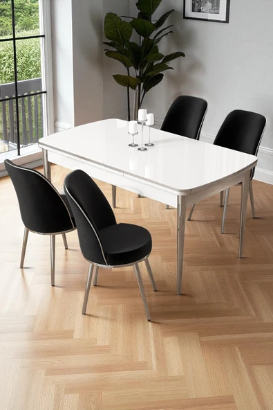 Canisa Nira Serisi 70x114 Mdf Açılabilir Beyaz Mutfak Masa Takımı 4 Siyah Sandalye Krom Detay ürün görseli 1