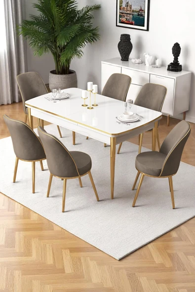 Canisa Nira Serisi 70x114 Mdf Açılabilir Beyaz Mutfak Masa Takımı 6 Cappucino Sandalye Gold Detay ürün görseli 1