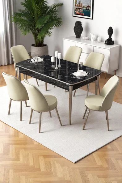 Canisa Nira Serisi 70x114 Mdf Siyah Mermer Desen Mutfak Masa Takımı 6 Krem Sandalye Krom Detay ürün görseli 1