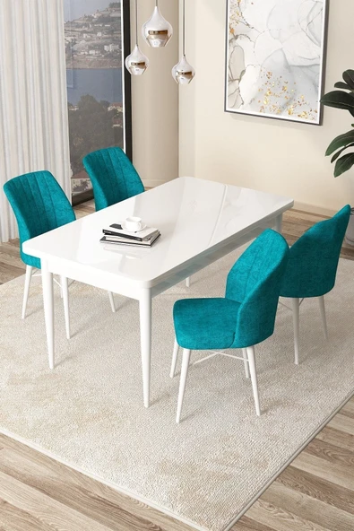 Canisa Arp Serisi, Beyaz Masa 71x110 Sabit Yemek Odası Takımı, 4 Turkuaz Sandalye ürün görseli 1