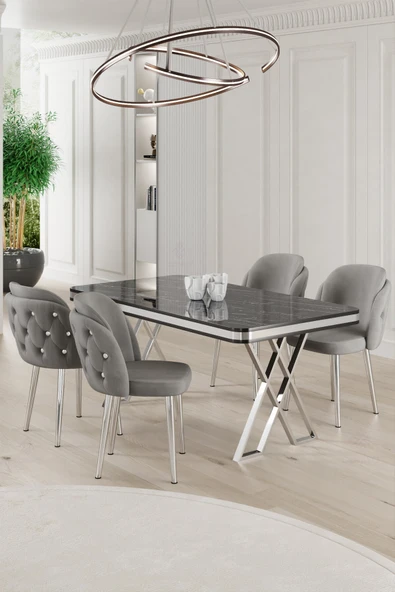 Canisa Rigel Serisi 80x130 Lak Panel Siyah Mermer Desen Masa Takımı Krom Ayaklı 4 Gri Sandalye ürün görseli 1