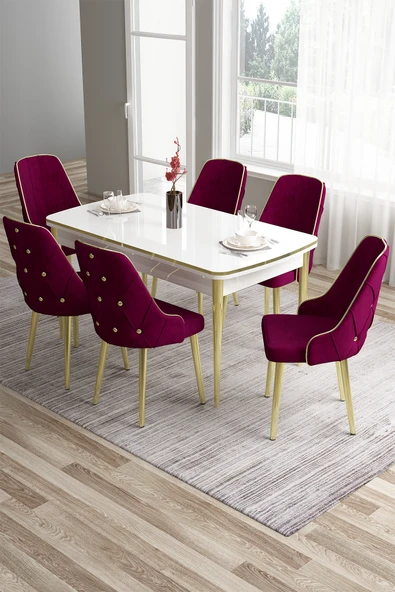 Canisa Tia Serisi 80x132 Açılabilir Mdf Mutfak Masası Takımı Beyaz Masa Gold Detay 6 Mürdüm Sandalye ürün görseli 1