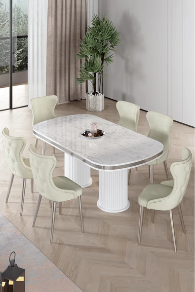 Canisa Galya Serisi Lak Panel 90x168 Sabit Beyaz Mermer Desen Mutfak Masa Takımı 6 Krem Sandalye ürün görseli 1