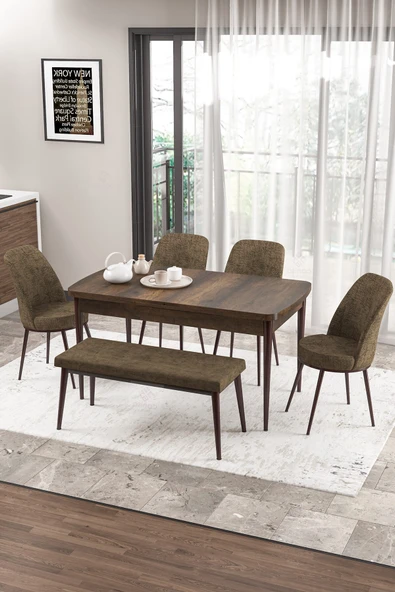 Canisa Concept Zen Serisi 80x132 Mdf Açılabilir Barok Ahşap Desen Masa Takımı 4 Kahverengi Sandalye Ve 1 Bench ürün görseli 1