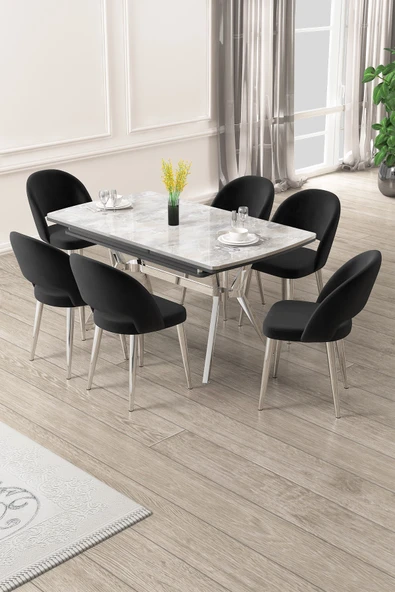 Canisa Weps Serisi 89x150 Açılabilir Lak Panel Rampla Gri Krom Ayak Masa Takımı ve 6 Siyah Sandalye ürün görseli 1