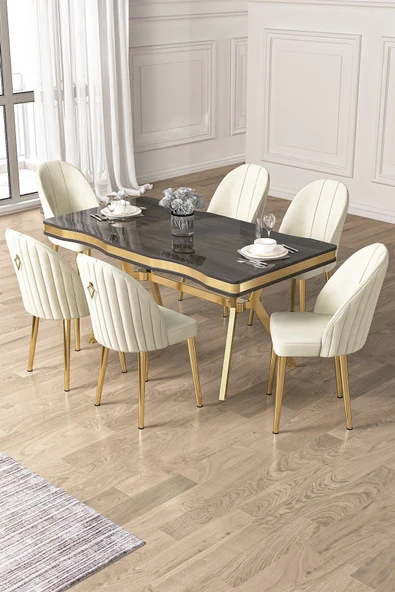 Canisa Pem Serisi 90x160 Lak Panel Antrasit İroni  Gold Ayak Masa Takımı 6 Krem Sandalye ürün görseli 1