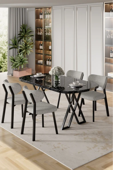 Canisa Axton Serisi Sabit Mdf 90x168 Siyah Mermer Desen Mutfak Masa Takımı 4 Gri Sandalye ürün görseli 1