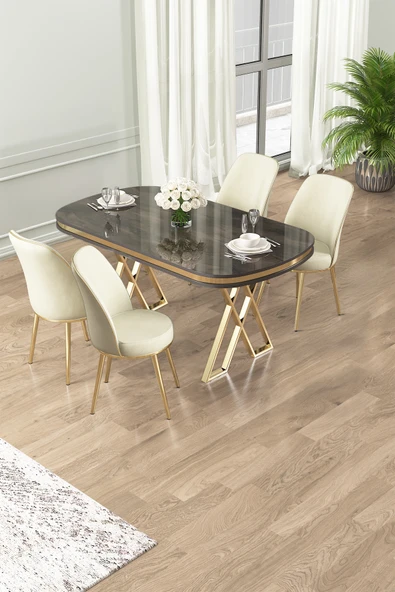 Canisa Lai Serisi 90x168 Lak Panel Antrasit İroni Masa ve 4 Krem Sandalye Gold Kaplama Ayak ürün görseli 1