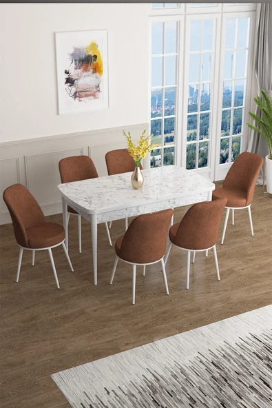 Canisa Han Serisi, Beyaz Mermer Desen 70x114 Açılabilir Mdf Mutfak Masa Takımı, 6 Kiremit Sandalye ürün görseli 1