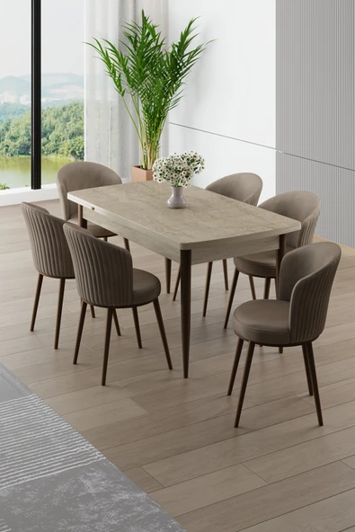 Canisa Asfel Serisi MDF 77x130 Traverten Yandan Açılabilir Mutfak Masası Takımı 6 Cappucino Sandalye ürün görseli 1