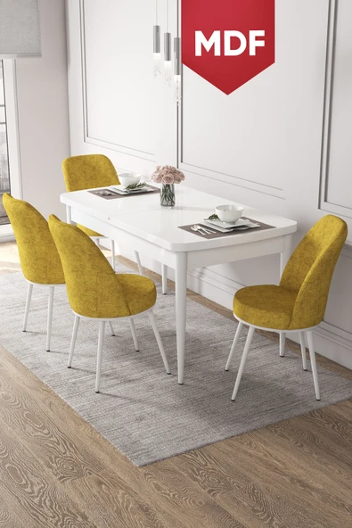 Canisa Kor Serisi 70x114 Açılabilir MDF Mutfak Masası Takımı Beyaz Masa 4 Hardal Sandalye ürün görseli 1