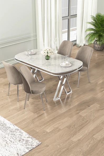 Canisa Lai Serisi 90x168 Lak Panel Beyaz Mermer Desen Masa Ve 4 Cappucino Sandalye Krom Ayak ürün görseli 1
