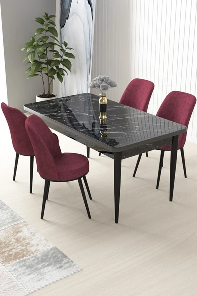 Canisa Nil Serisi 70x110 Sabit Mutfak Masası Takımı Siyah Mermer Desen Masa 4 Mürdüm Sandalye ürün görseli 1