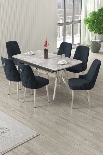 Canisa Nis Serisi 89x150 Açılabilir Lak Panel Rampla Gri Krom Ayak Masa Takımı ve 6 Antrasit Sandalye ürün görseli 1