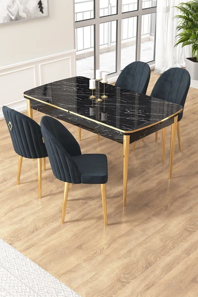 Canisa Edaf Serisi 80x132 Açılabilir Siyah Mermer Desen Masa Takımı 4 Antrasit Sandalye Gold Detay ürün görseli 1