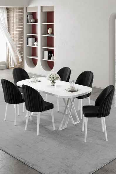 Canisa Kaye Serisi Mdf 90x168 Beyaz Mutfak Masası Takımı 6 Siyah Sandalye ürün görseli 1