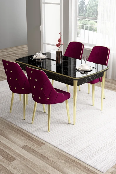 Canisa Tia Serisi, Siyah Mermer Desen 80x132 Açılabilir Mdf Yemek Odası Takımı 4 Mürdüm Sandalye Gold Detay ürün görseli 1