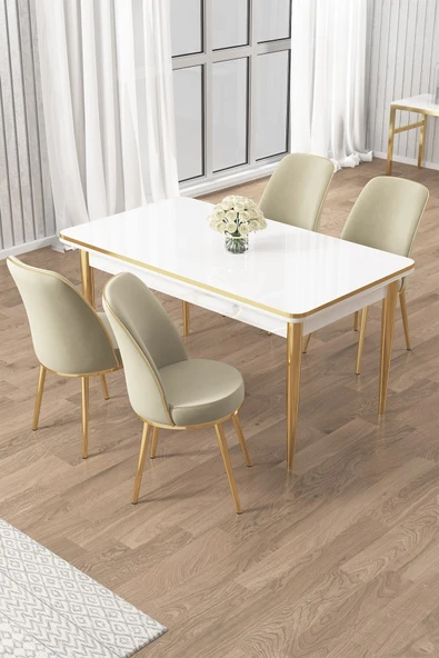 Canisa Rewa Serisi 70x110 Sabit Beyaz Gold Detay Masa Takımı ve 4 Krem Sandalye ürün görseli 1
