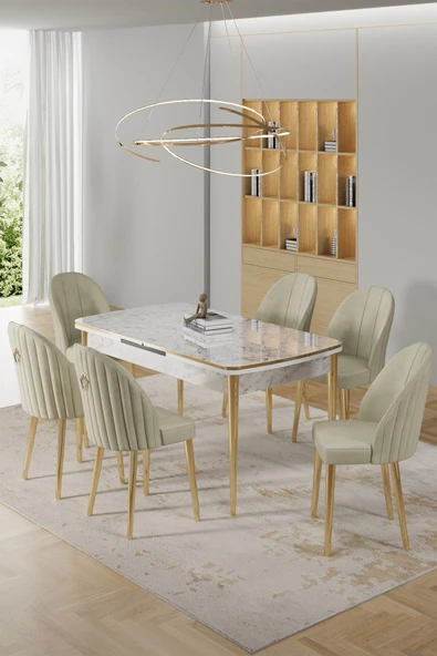 Canisa Rada Serisi 80x132 Açılabilir Lak Panel Beyaz Mermer Desen Masa 6 Krem Sandalye Gold Detay ürün görseli 1