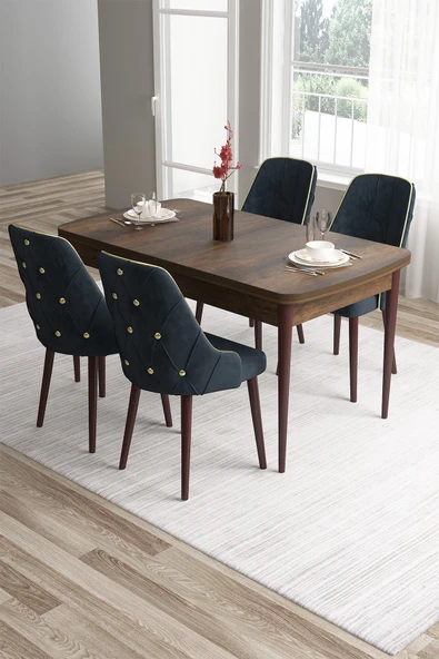 Canisa Tia Serisi 80x132 Açılabilir Mdf Barok Ahşap Desen Gold Detay Masası Takımı Ve 4 Antrasit Sandalye ürün görseli 1