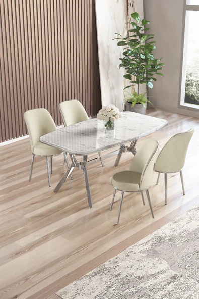 Canisa Lena Serisi 90x160 Lak Panel Beyaz Mermer Desen KromKaplama Ayaklı Masa Takımı ve 4 Krem Sandalye ürün görseli 1