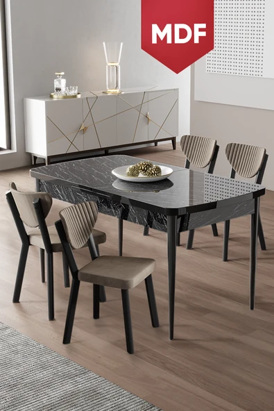 Canisa Exve Serisi 80x132 Açılabilir MDF Siyah Mermer Desen Masa Takımı ve 4 Cappucino Sandalye ürün görseli 1