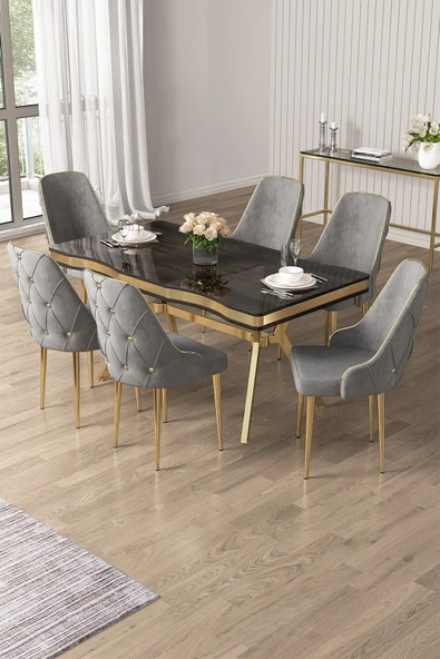 Canisa Vae Serisi 90x160 Lak Panel Antrasit Ironi Gold Ayak Masa Takımı 6 Gri Sandalye ürün görseli 1