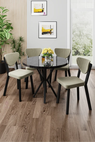 Canisa Agnes Serisi 90x90 Yuvarlak Siyah Mermer Desen Masa Takımı ve 4 Krem Sandalye ürün görseli 1