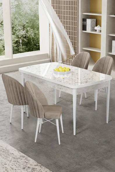 Canisa Gale Serisi 80x132 Açılabilir Lak Panel Beyaz Mermer Desen Mutfak Masa Takımı 4 Cappucino Sandalye ürün görseli 1