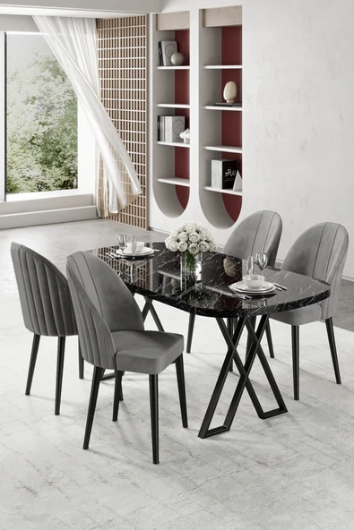 Canisa Kaye Serisi Mdf 90 x168 Siyah Mermer Desen Mutfak Masa Takımı 4 Gri Sandalye ürün görseli 1