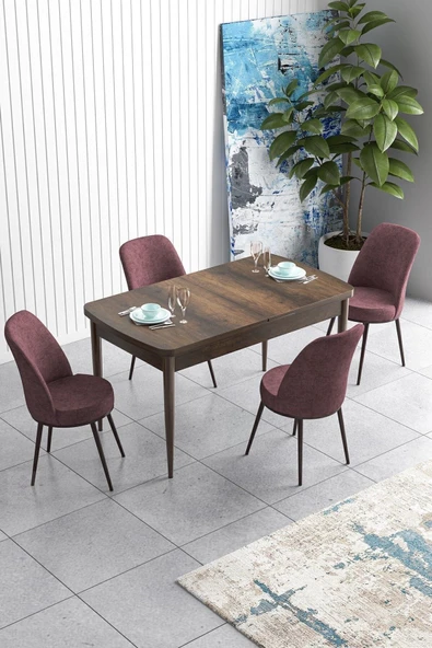 Canisa Han Serisi, Barok Ahşap Desen 70x114 Açılabilir Mdf Mutfak Masa Takımı, 4 Gülkurusu Sandalye ürün görseli 1