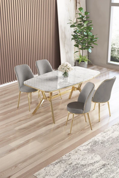Canisa Lena Serisi 90x160 Lak Panel Beyaz Mermer Desen Gold Kaplama Ayaklı Masa Takımı ve 4 Gri Sandalye ürün görseli 1