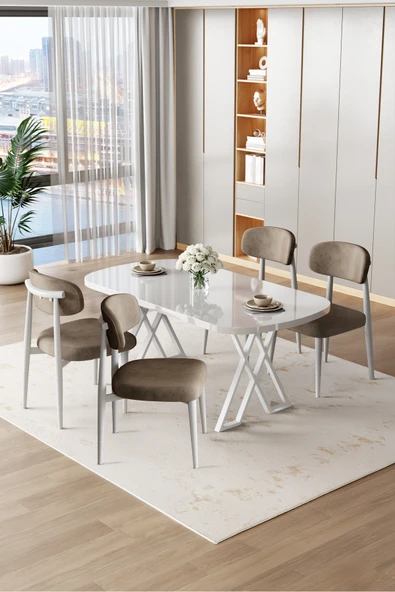 Canisa Jolin Serisi Mdf 90x168 Beyaz Mutfak Masa Takımı 4 Cappucino Metal Sandalye ürün görseli 1