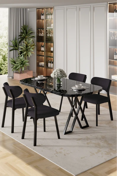 Canisa Axton Serisi Sabit Mdf 90x168 Siyah Mermer Desen Mutfak Masa Takımı 4 Sandalye ürün görseli 1