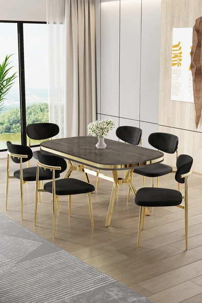 Canisa Olya Serisi 90x168 Lak Panel Antrasit İroni Masa Takımı Gold Ayaklı 6 Siyah Sandalye ürün görseli 1
