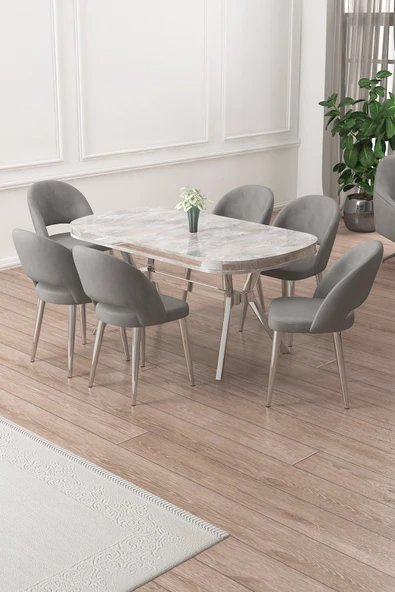 Canisa Jita Serisi 90x168 Lak Panel Rampla Gri Krom Ayak Masa Takımı ve 6 Gri Sandalye ürün görseli 1