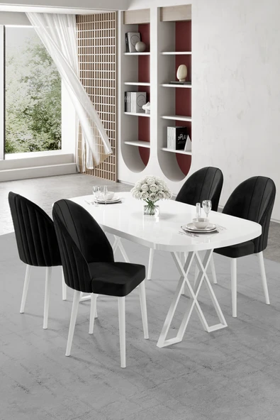 Canisa Kaye Serisi Mdf 90x168 Beyaz Mutfak Masası Takımı 4 Siyah Sandalye ürün görseli 1