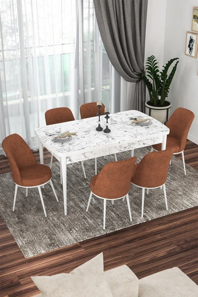 Canisa Kor Serisi, Beyaz Mermer Desen 70x114 Açılabilir Yemek Masa Takımı,6 Kiremit Sandalye ürün görseli 1