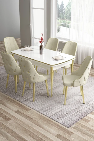 Canisa Tia Serisi 80x132 Açılabilir Mdf Mutfak Masası Takımı Beyaz Masa Gold Detay 6 Krem Sandalye ürün görseli 1
