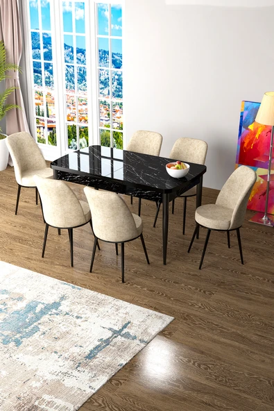 Canisa Concept Zen Serisi 80x132 Mdf Açılabilir Siyah Mermer Desen Masa Takımı Ve 6 Krem Sandalye ürün görseli 1