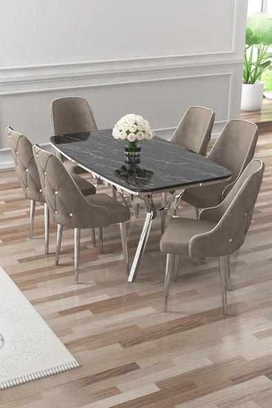 Canisa Asel Serisi 90x160 Lak Panel Siyah Mermer Desen Krom Detay Masa Takımı ve 6 Cappucino Sandalye ürün görseli 1